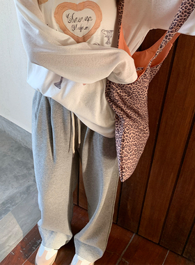 Romantic echo灰色运动裤女春秋高腰休闲卫裤小个子直筒阔腿裤