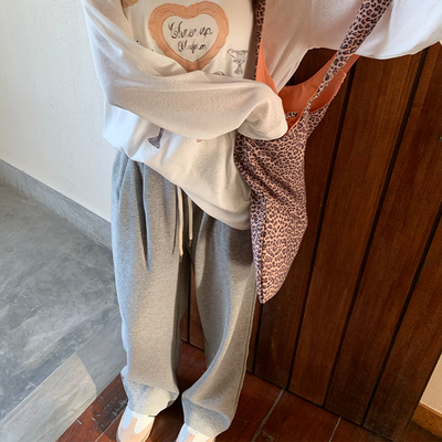 Romantic echo灰色运动裤女春秋高腰休闲卫裤小个子直筒阔腿裤