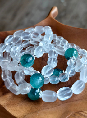 【玉芙蓉·汀兰晓雾】精选奶白晶随形+透体蓝绿晶石手链1.28更新