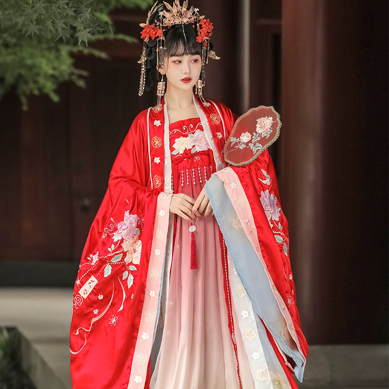 原创汉服女红色大袖衫唐制齐胸诃子裙中国风古装婚服花嫁超仙春款