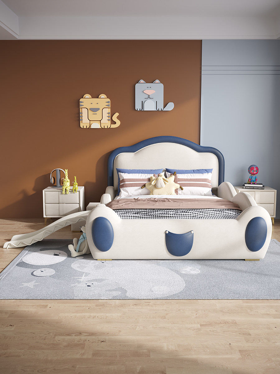 索菲亚儿童床带护栏滑梯床轻奢男孩青少年单人床头层真皮卡通创意