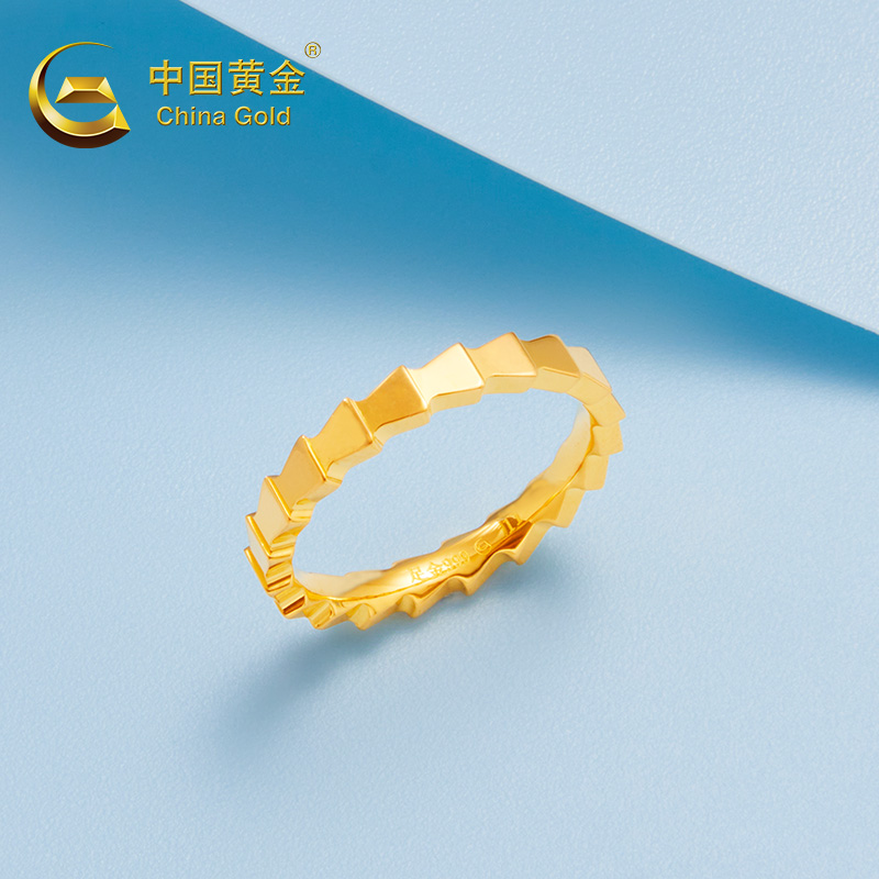 【爱在当下】中国黄金叠片三角黄金戒指新款999足金活口情侣对戒