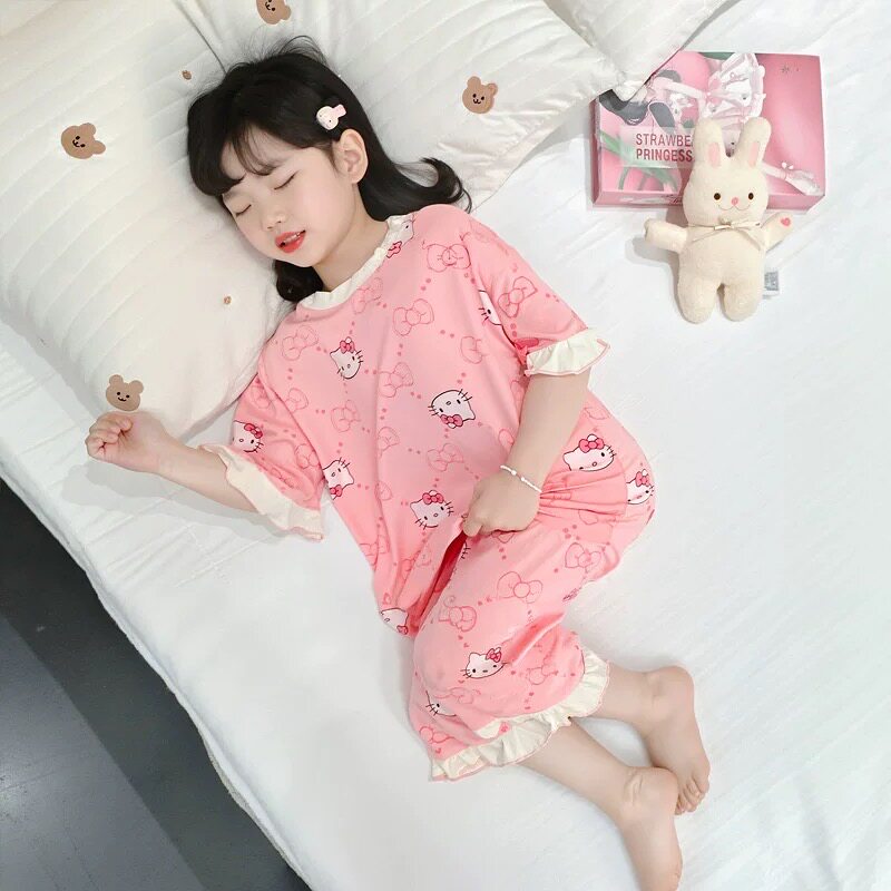 儿童新款家居服夏季超萌卡通女童冰丝套装睡衣女孩休闲可爱空调服