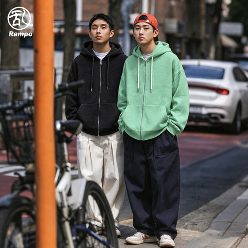 华夫格提花肌理连帽开衫卫衣男秋季宽松韩系潮牌几何拼接拉链外套