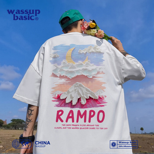 WASSUP BASIC 云月山图潮流印花T恤男士夏季新款宽松休闲半袖上衣