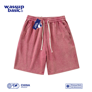 男寬松籃球運(yùn)動中褲 WASSUP 水洗短褲 跑步健身休閑五分褲 BASIC美式