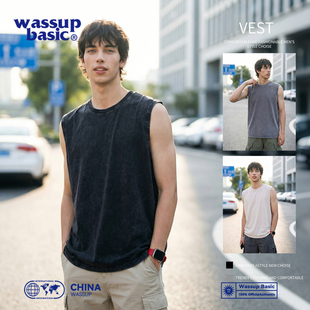 运动健身无袖 240G复古做旧水洗纯棉背心美式 坎肩男 basic wassup