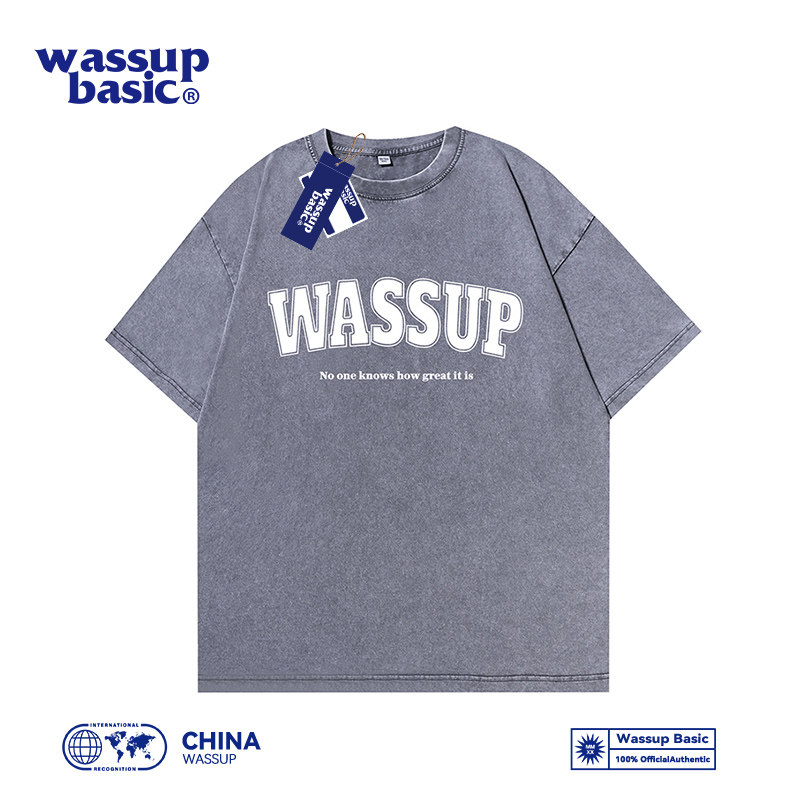 wassup basic 美式水洗做旧短袖男夏季纯棉印花t恤hiphop高街半袖