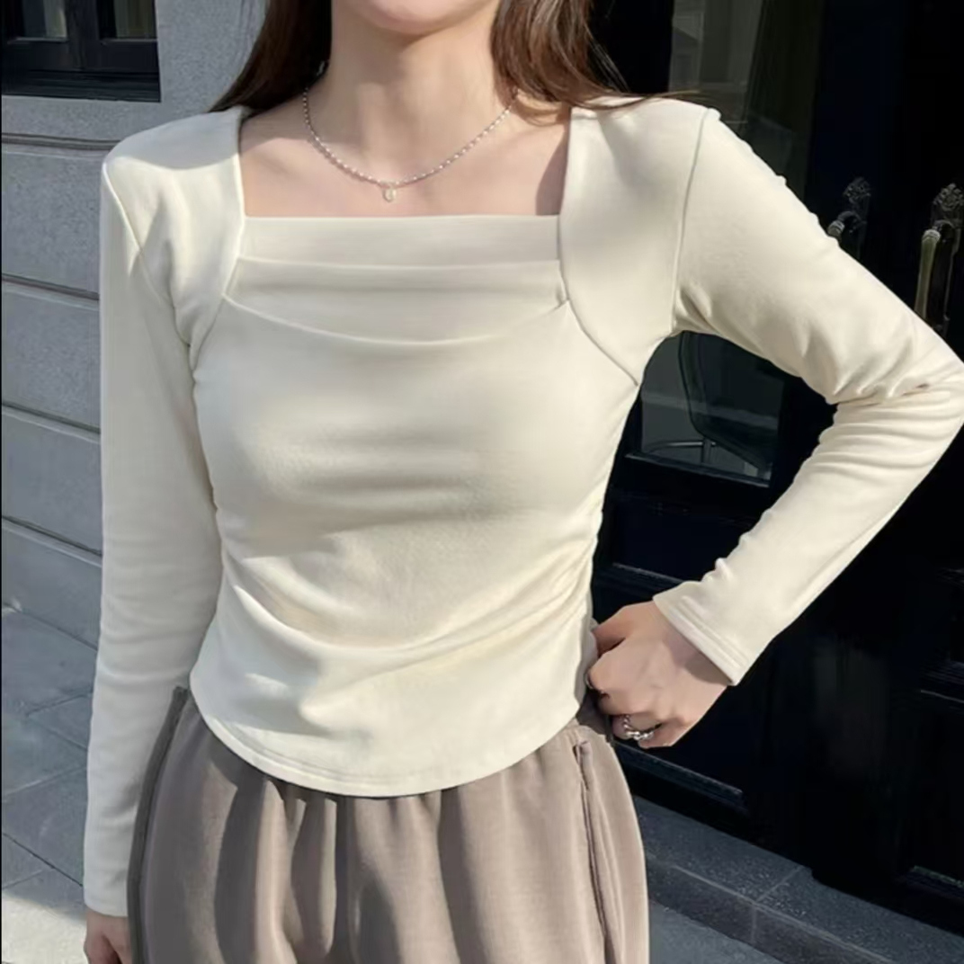 新款纯欲风百搭方领打底衫修身型