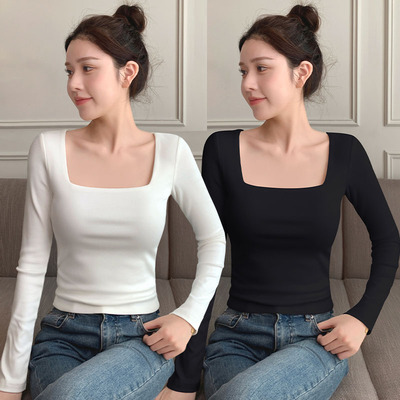 U领长袖法式修身上衣正肩低领T恤
