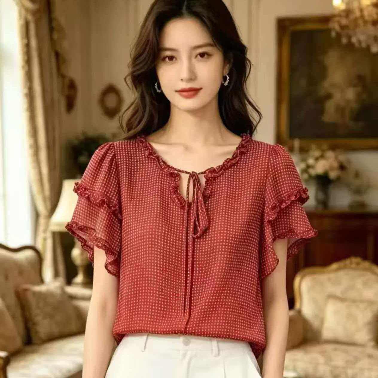 2026年夏季新款高级感飘带木耳边波点衬衫女宽松短袖超仙小衫百搭