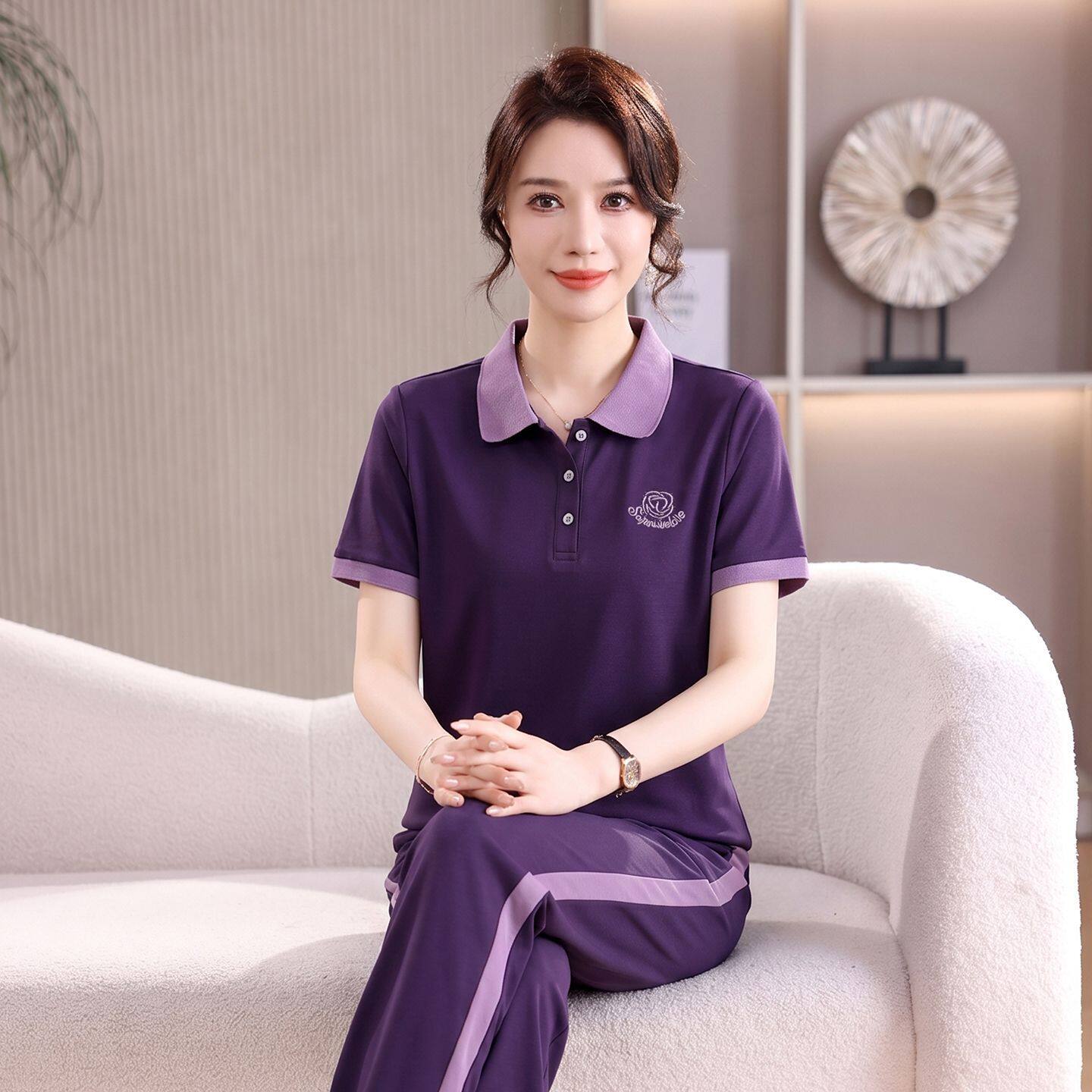 中老年阔腿裤休闲运动套装女2026夏季新款两件套翻领高级时尚套装