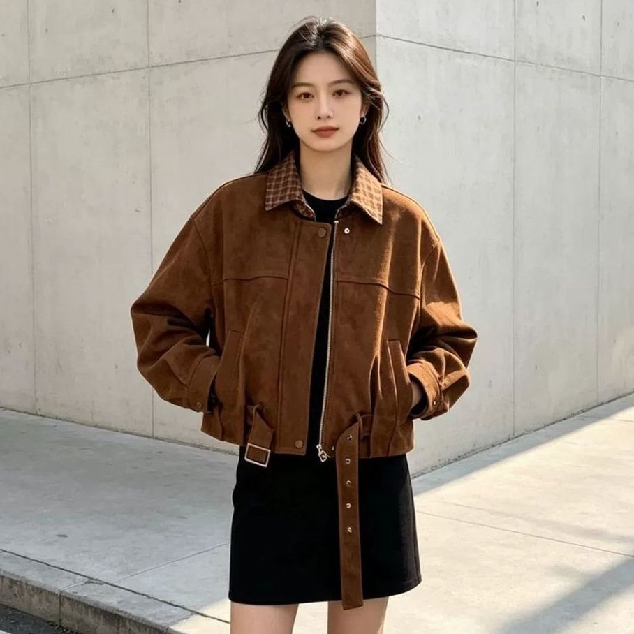 时尚潮流夹克外套女2026春秋季最新款修身拼接格子衬衫假两件上衣