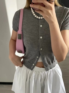 现货/RARELY纯羊毛logo时尚百搭字母提花圆领开衫短袖上衣女黑/灰