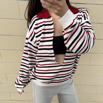 现RARELYALIKE深V领条纹针织衫
