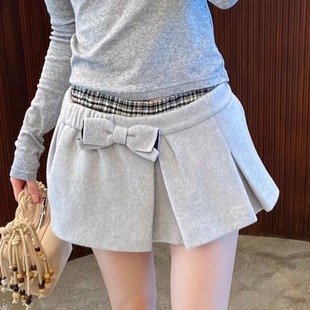 MARCHEN蝴蝶结羊毛A字裙裤 双腰头两件套花苞短裙女士2024早秋新款