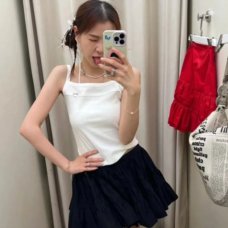 marchen24春夏新款设计师品牌蝴蝶结装饰坑条修身短款吊带上衣女