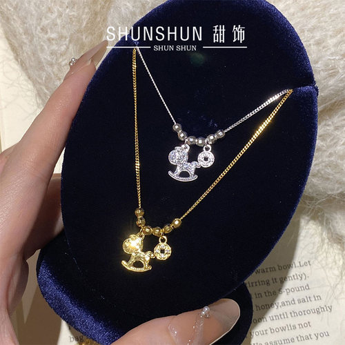 S925纯银碎冰冰木马项链女生复古轻奢高级感马上有钱锁骨链毛衣链
