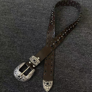 DFDG复古重工铆钉皮带金属扣头小众设计感vintage风美式 复古皮带