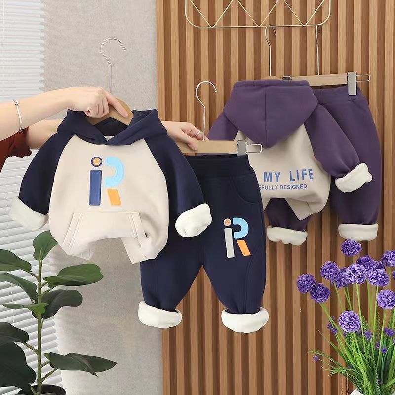 婴儿衣服秋冬季宝宝加绒套装2023新款男童卫衣两件套女童洋气冬装