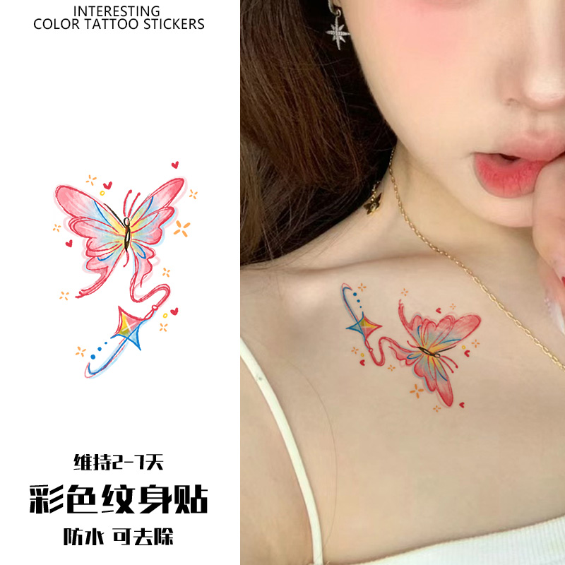 唯美蝴蝶 彩色纹身贴纸女防水持久遮疤腿部锁骨手臂手指高级感ins