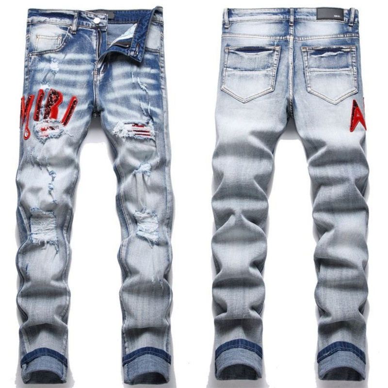 跨境破洞刺绣牛仔裤男士潮流补丁修身小脚潮牌弹力美式个性长裤子