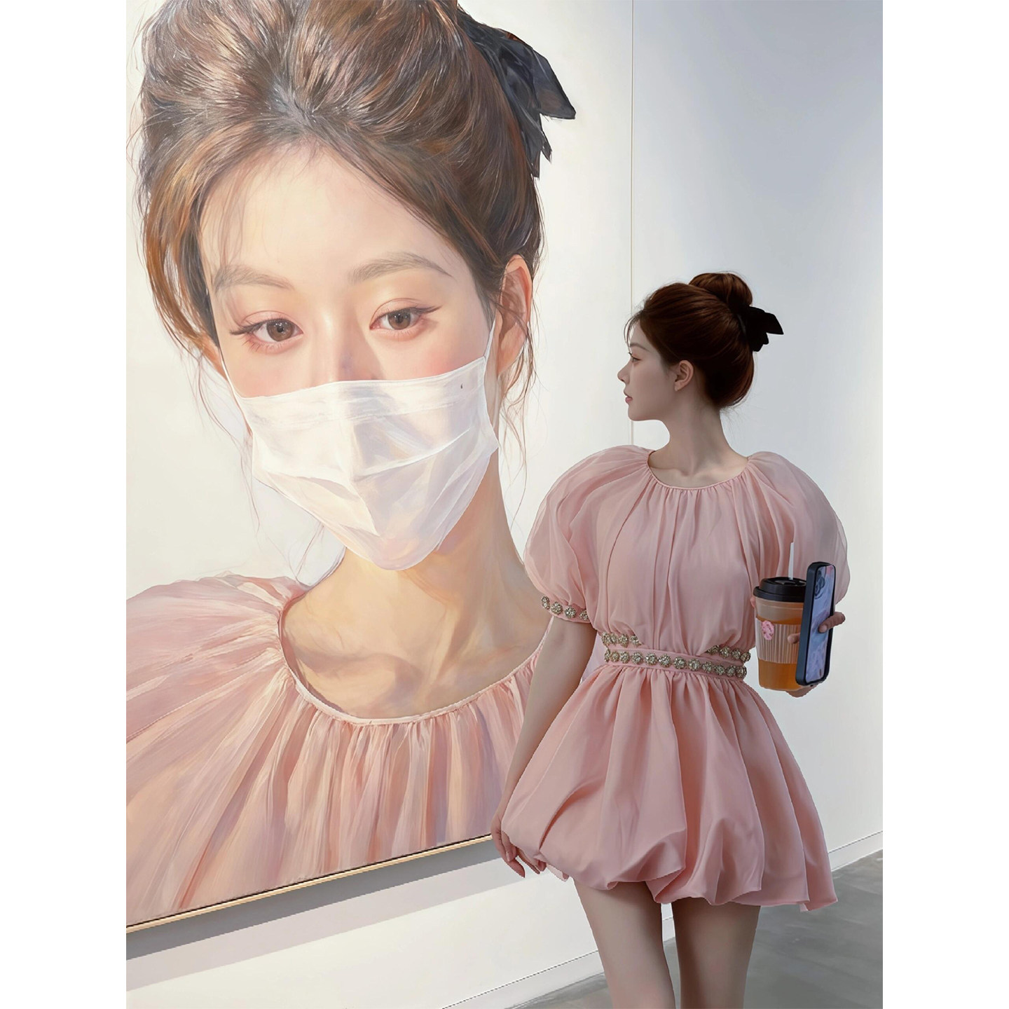 小香风时尚连衣裙女秋季新款活泼减龄甜美粉色露腰钉钻花苞短裙子