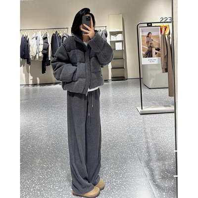 运动套装女2025新款冬装高级感灯芯绒棉服灰色阔腿裤两件套慵懒风