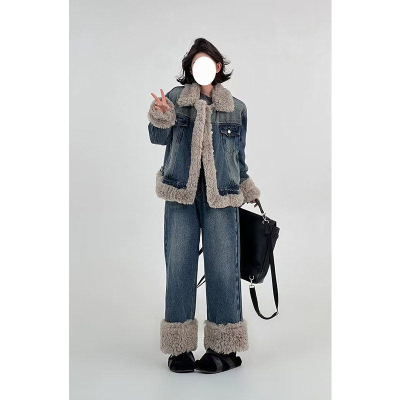 蓝色毛毛拼接加厚牛仔套装女冬季韩系宽松时尚休闲外套长裤两件套