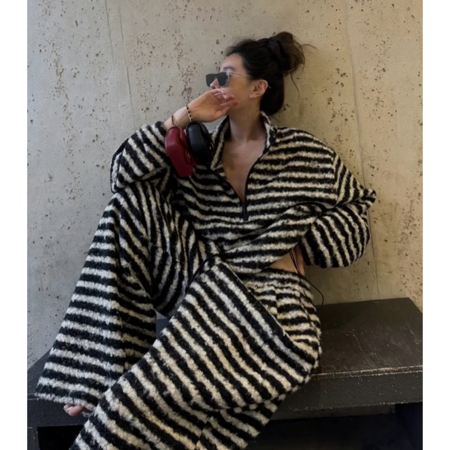 高级感摇粒绒卫衣套装女秋冬韩系慵懒风休闲穿搭条纹运动服两件套