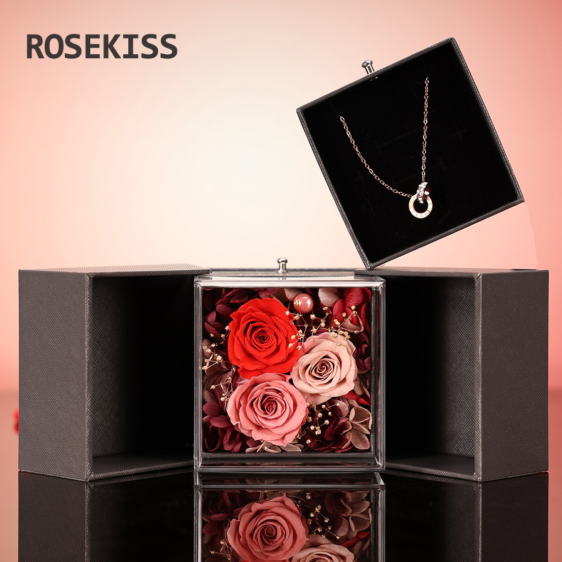Rosekiss永生花礼盒项链首饰玫瑰花七夕情人节送女友母亲节送妈妈图片