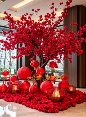 新年仿真红梅桃花许愿树摆件