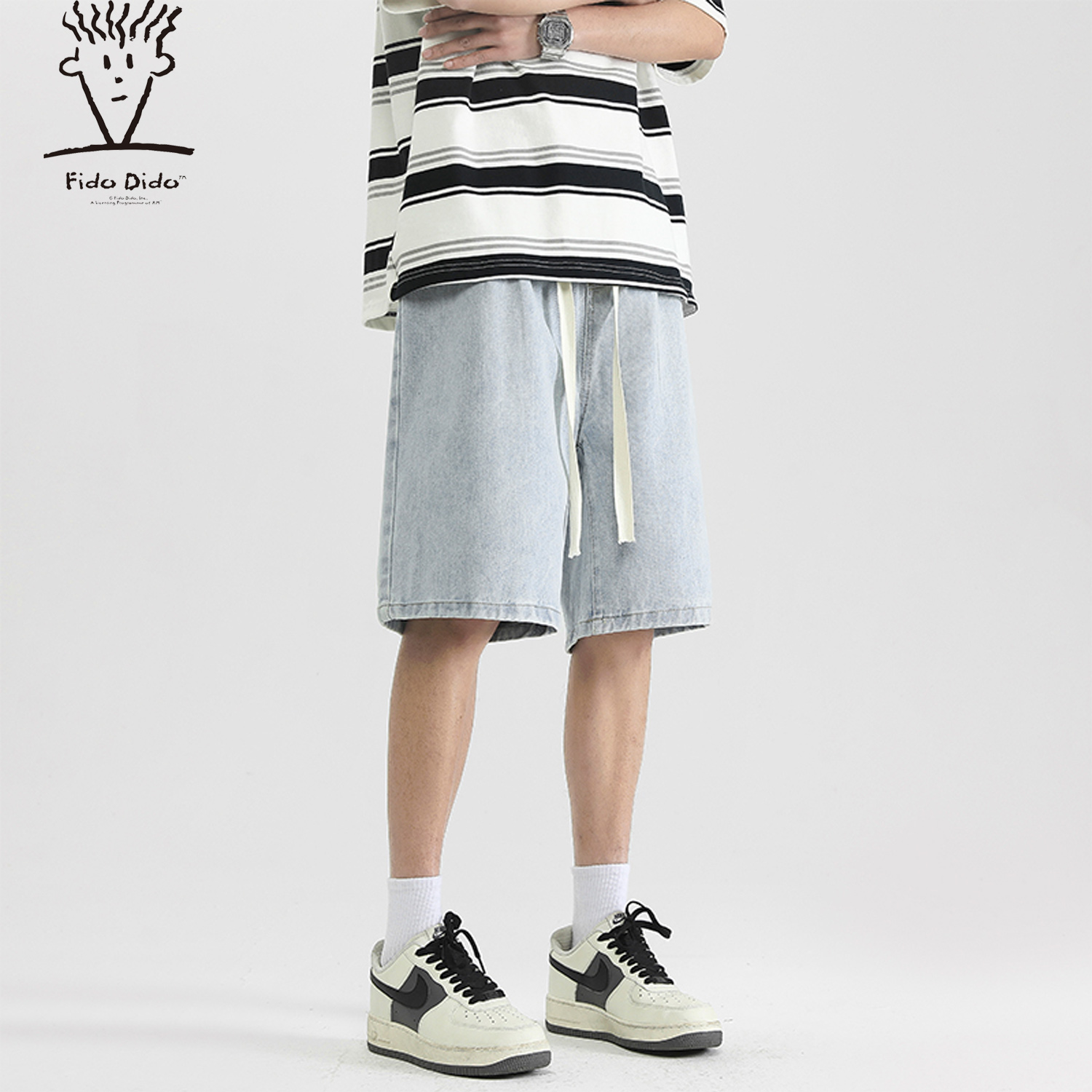 FIDO DIDO 基础简约日系百搭水洗牛仔短裤宽松休闲直筒短裤 夏季