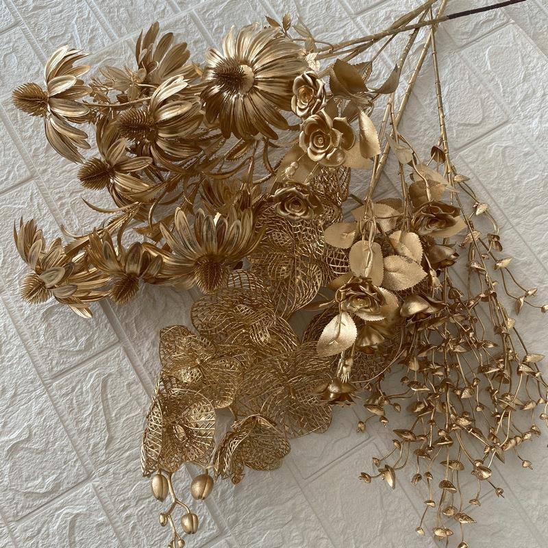 金色尤加利绣球花扇子叶假花婚庆装饰福桶金色银杏叶金色植物花材
