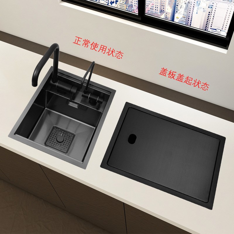 厨房304不锈钢水槽吧台隐藏式小单槽中岛洗手池带盖板隐形洗菜盆