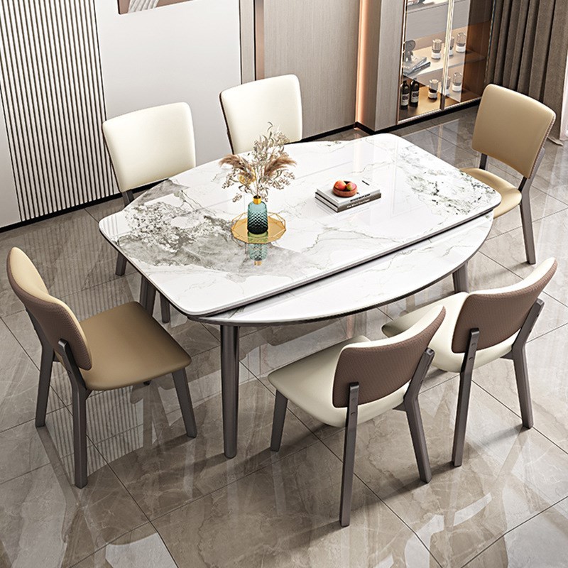 意式轻奢简约高端岩板餐桌椅组合轻奢可伸缩折叠家用小户型可变圆