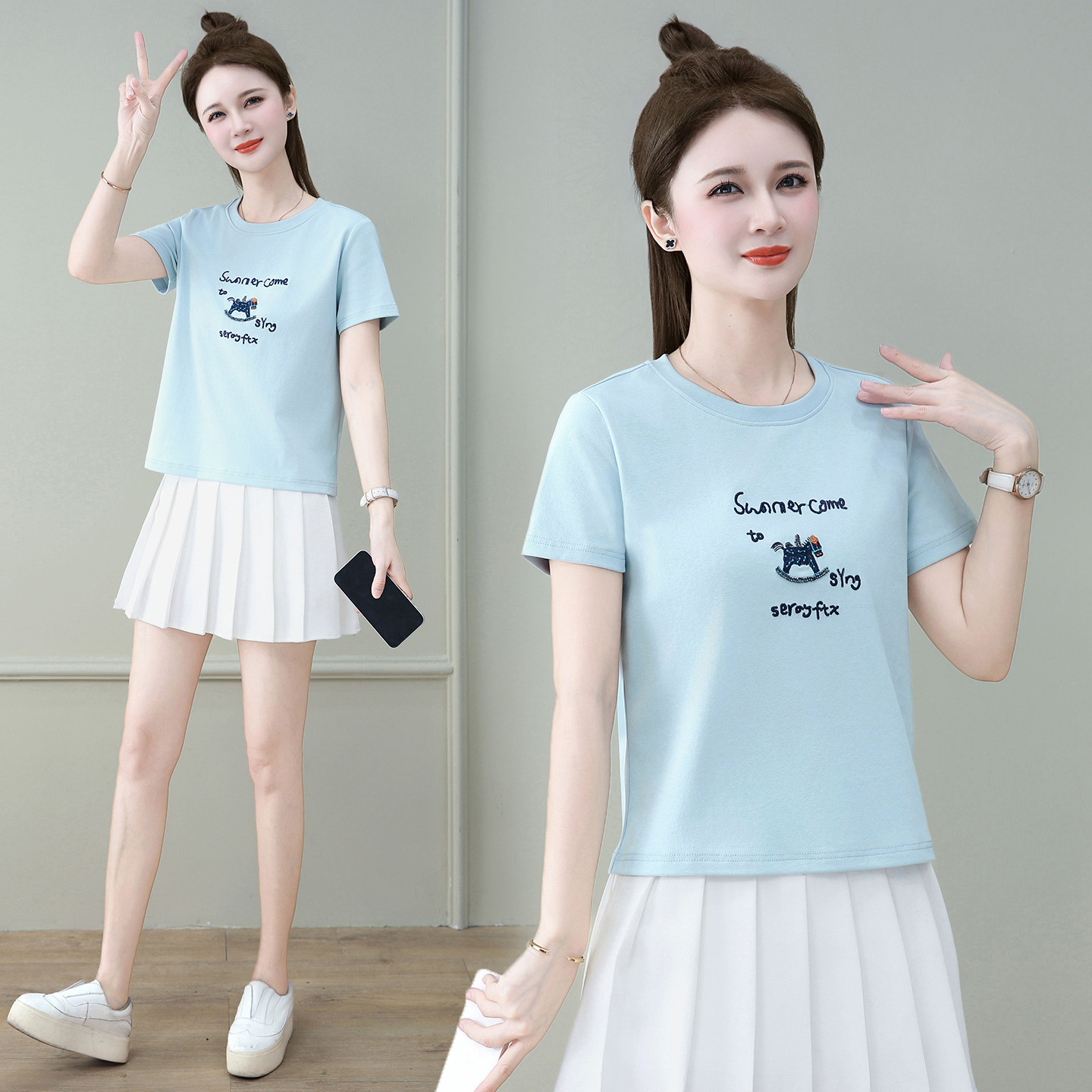 正肩短袖t恤女2026夏季流行新款洋气修身小个子短款圆领半袖上衣