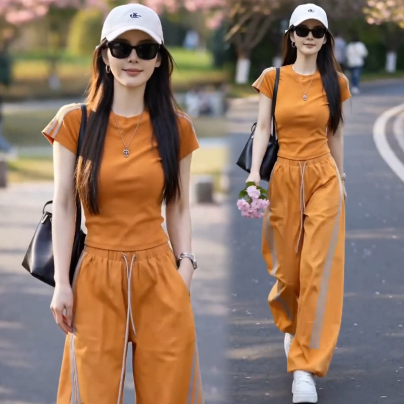 时髦休闲运动套装女2026夏季新款修身显瘦短袖T恤阔腿裤两件套潮