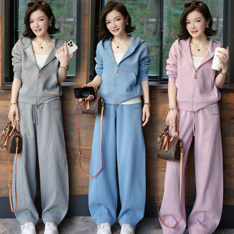 连帽运动服套装女2026春季新款宽松显瘦卫衣开衫阔腿裤休闲两件套