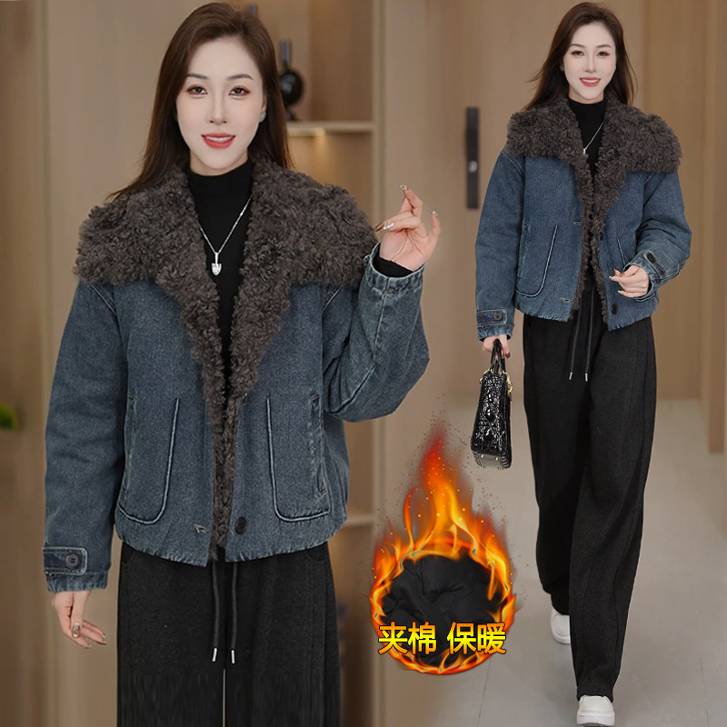加厚保暖牛仔羊羔毛领短外套女