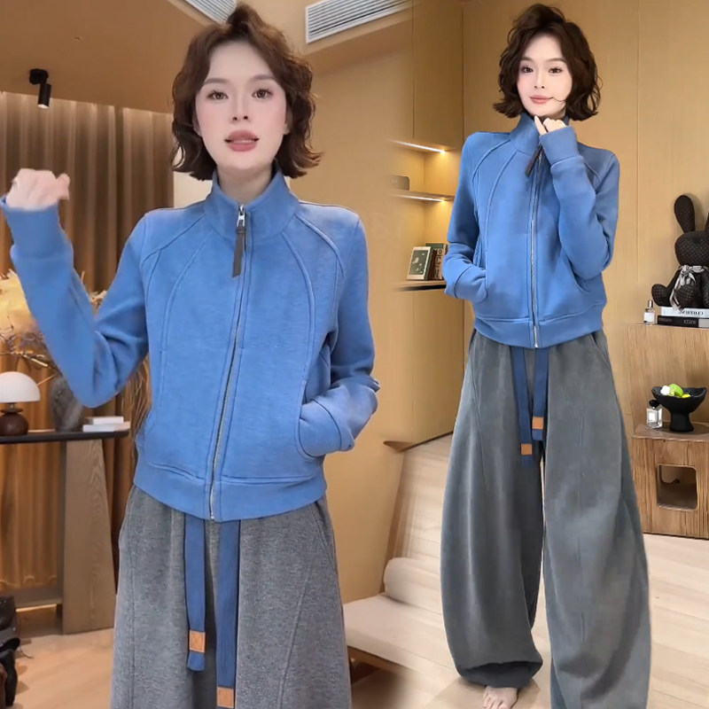 时尚休闲运动服套装女2026秋季新款洋气显瘦立领开衫阔腿裤两件套