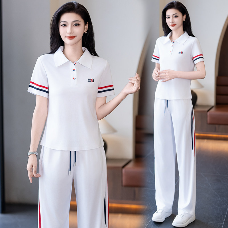 韩版休闲运动服套装女2026夏季新款洋气显瘦翻领短袖阔腿裤两件套
