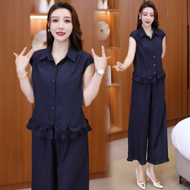 时尚套装女2026夏季新款洋气显瘦荷叶边短袖上衣阔腿裤减龄两件套