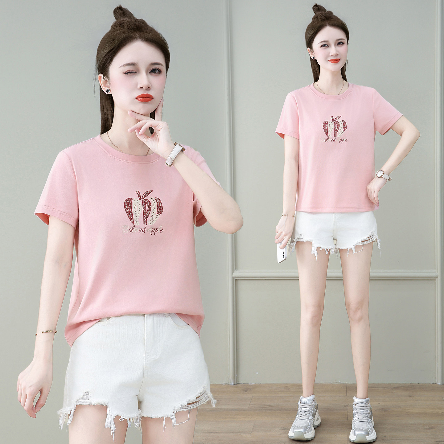 时尚减龄短袖t恤女2026夏季新款洋气宽松显瘦正肩短款半袖体恤衫