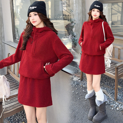 秋冬加绒连帽卫衣半身裙两件套