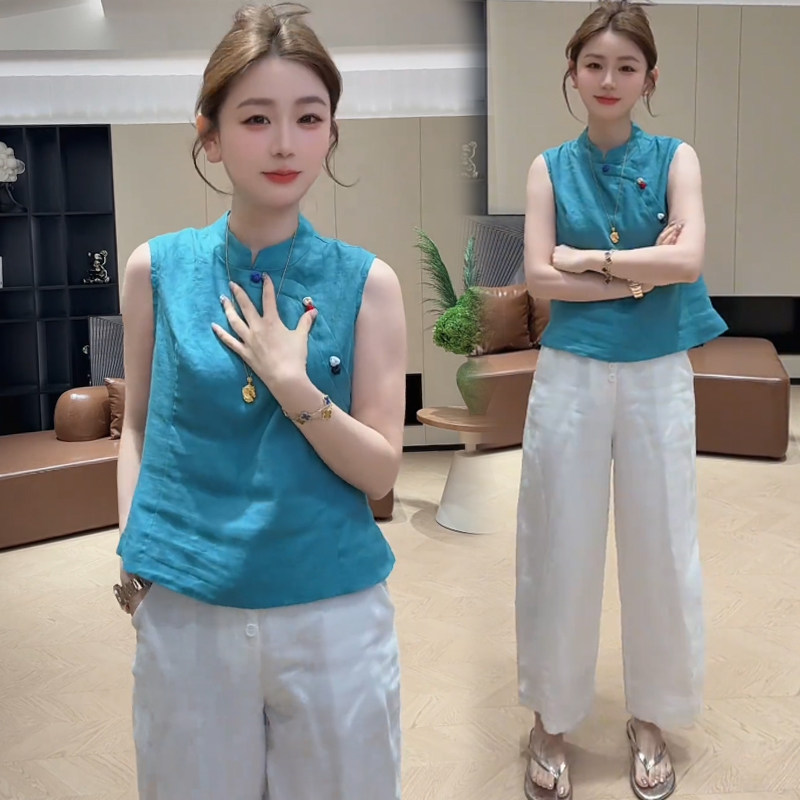 新中式国风时尚套装女2026夏季新款气质盘扣无袖上衣阔腿裤两件套
