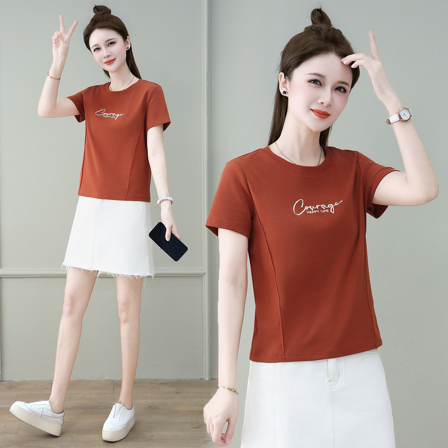 2026夏季新款纯棉短袖T恤女时尚刺绣圆领小个子减龄显瘦百搭上衣