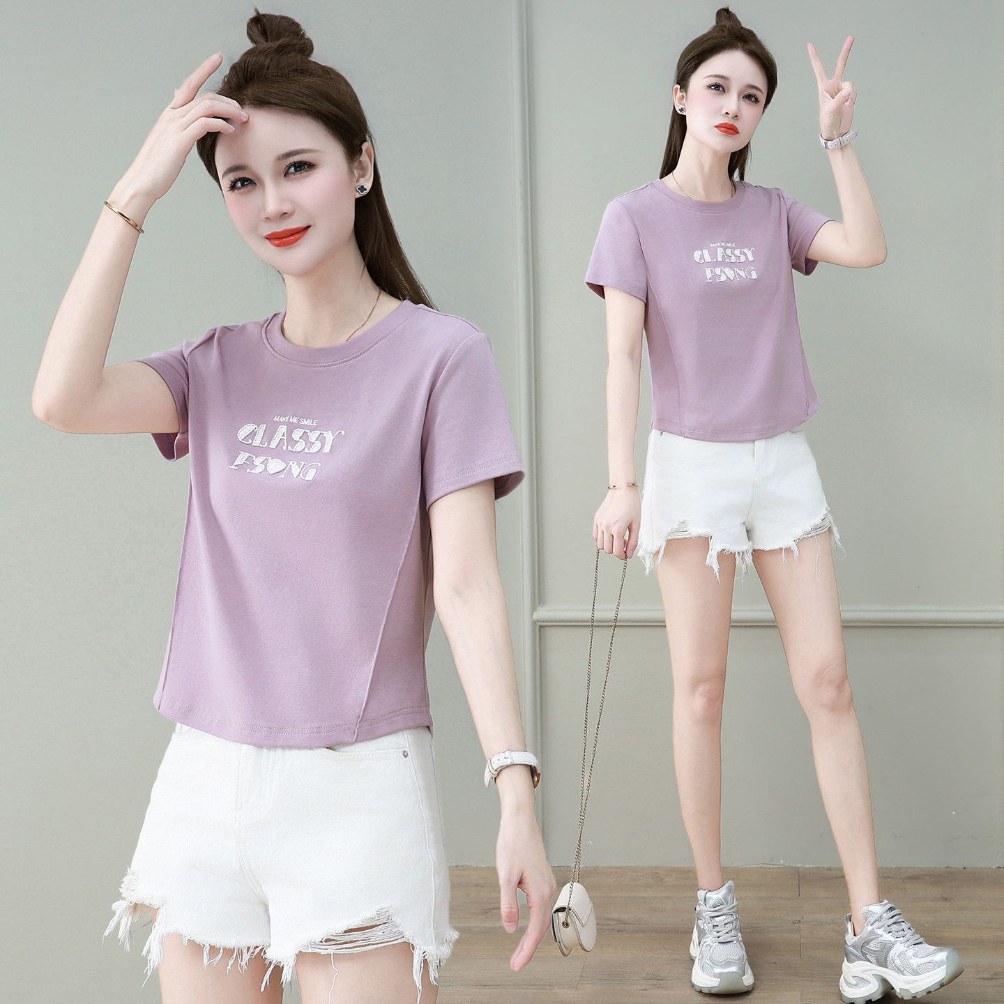 圆领短袖T恤女夏季2026新款字母刺绣显瘦百搭小个子短款体恤上衣