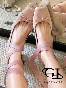 优雅牛巴革缎带绑带芭蕾鞋女鞋法式温柔粗跟方头时尚单鞋小香风