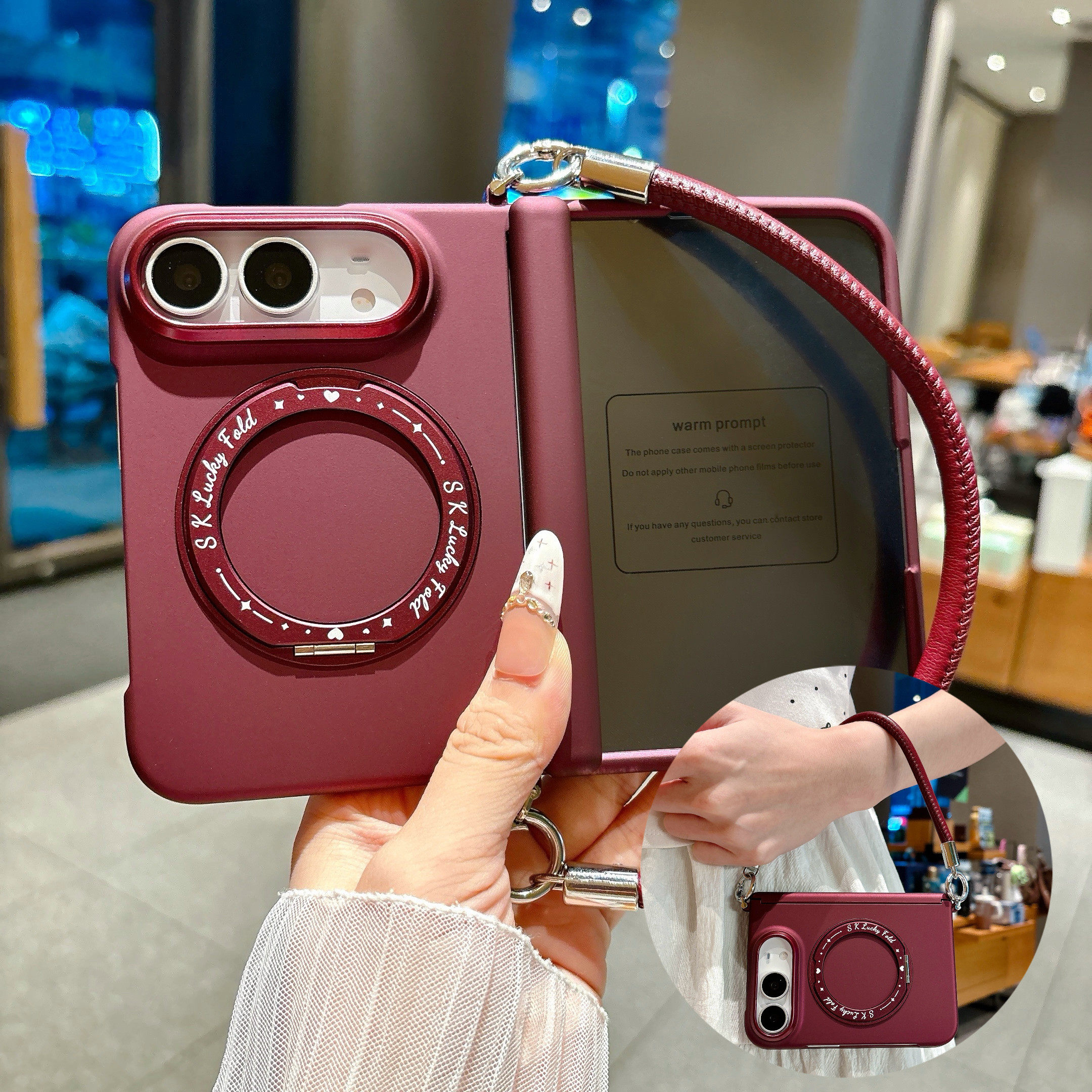 肤感樱桃红壳膜一体适用于iPhoneduo手机壳折叠屏360旋转磁吸支架苹果Duo新款保护套防丢侧扣手提绳18DUO高级